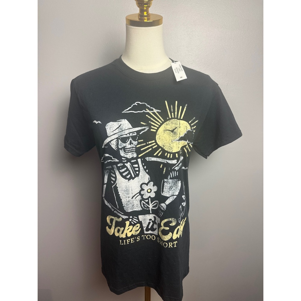 Take Easy Graphic T-Shirt Unisex Small Black New Skeleton Sun Life's Too Short